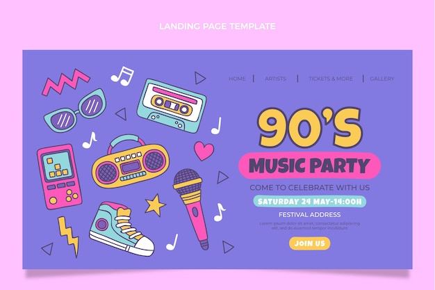 Pagina di destinazione del festival musicale anni '90 disegnata a mano