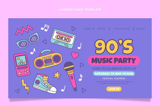 Pagina di destinazione del festival musicale anni '90 disegnata a mano