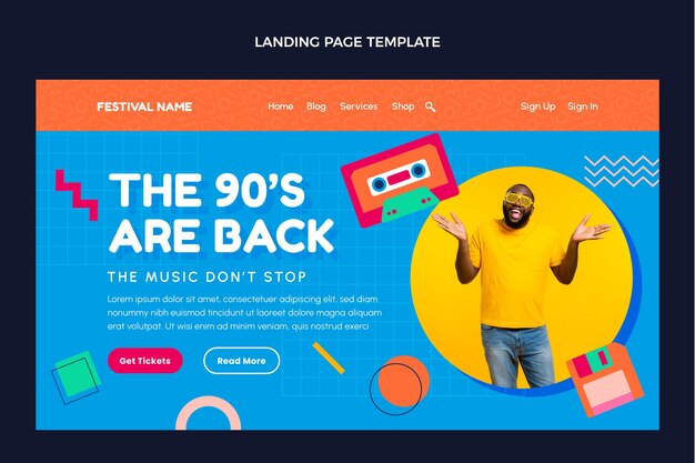Pagina di destinazione del festival musicale degli anni '90 dal design piatto