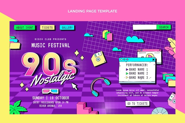 Pagina di destinazione del festival musicale nostalgico anni '90 disegnata a mano