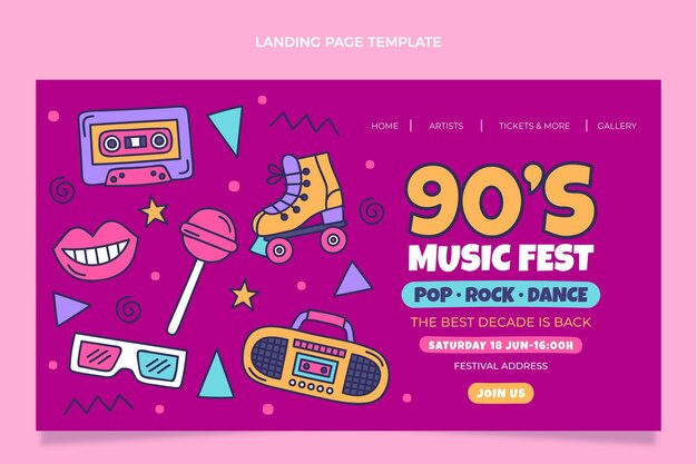 Pagina di destinazione del festival musicale nostalgico anni '90 disegnata a mano