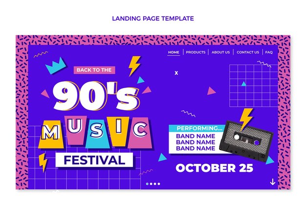 Pagina di destinazione del festival musicale nostalgico degli anni '90 dal design piatto