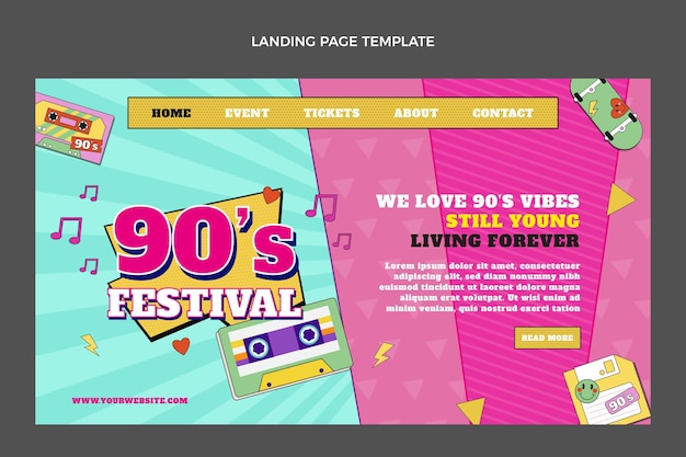 Pagina di destinazione del festival musicale nostalgico degli anni '90 dal design piatto