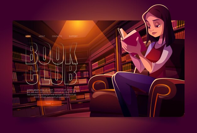 Pagina di destinazione del fumetto del club del libro giovane donna che legge in biblioteca di notte