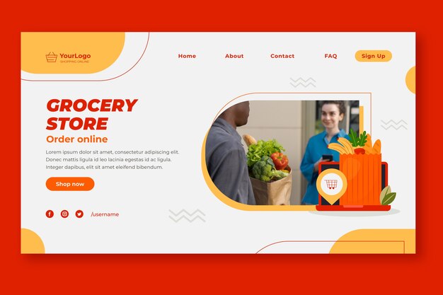 Pagina di destinazione del negozio di alimentari online dal design piatto