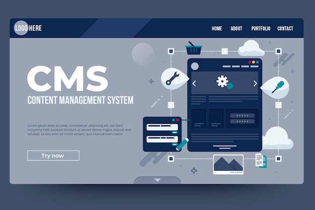 Pagina di destinazione del sistema di gestione dei contenuti di design piatto