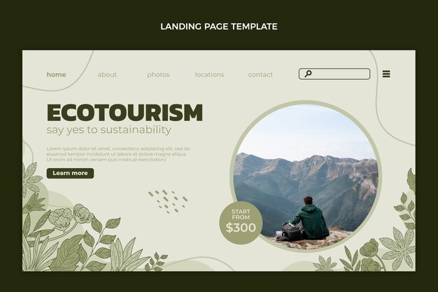 Pagina di destinazione dell'ecoturismo dal design piatto disegnata a mano