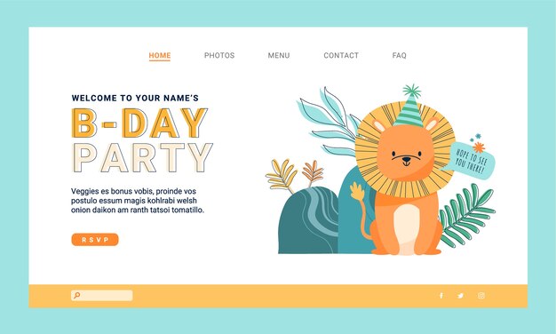 Pagina di destinazione della festa di compleanno della giungla di design piatto disegnata a mano