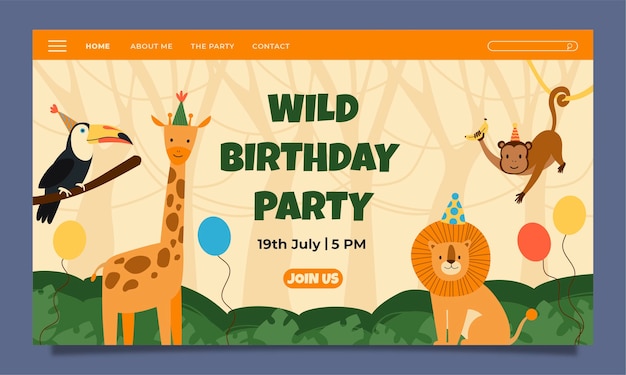 Pagina di destinazione della festa di compleanno della giungla disegnata a mano