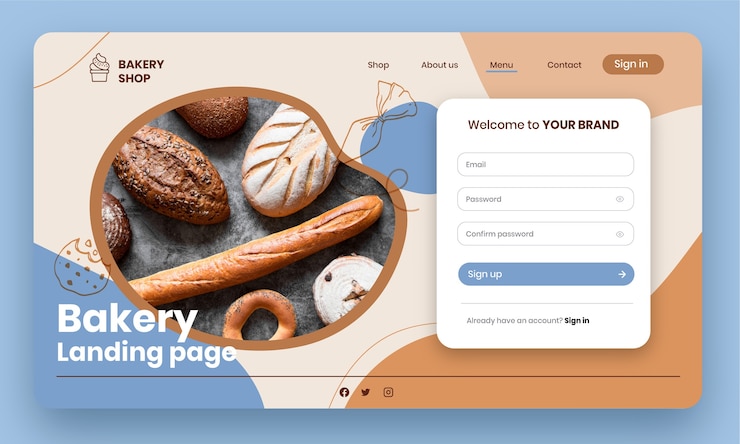 Vettore gratuito pagina di destinazione della panetteria piatta disegnata a mano