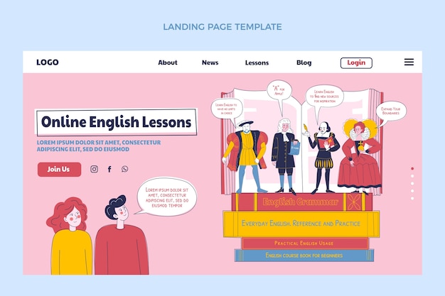 Pagina di destinazione delle lezioni di inglese disegnate a mano