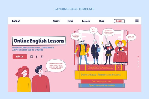 Pagina di destinazione delle lezioni di inglese disegnate a mano