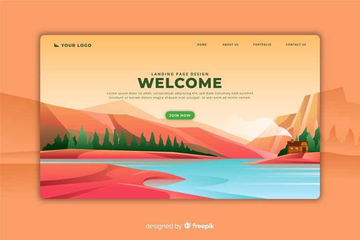 Vettore gratuito pagina di destinazione di benvenuto con un panorama a gradiente