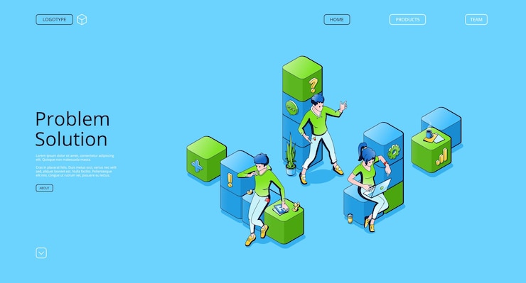 Vettore gratuito pagina di destinazione isometrica della soluzione del problema, uomini d'affari in ufficio o nell'area di coworking lavorano su laptop risolvono problemi, lavoro di squadra dei dipendenti, strategia per il raggiungimento degli obiettivi, banner web di arte di linea vettoriale 3d