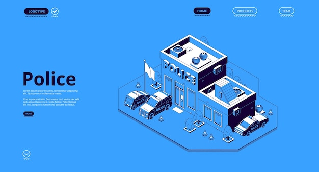 Pagina di destinazione isometrica della stazione di polizia con facciata dell'edificio per uffici del dipartimento di polizia, auto di pattuglia e bandiera sventolante. Architettura della città della casa del distretto, illustrazione 3d Vector line art, banner web