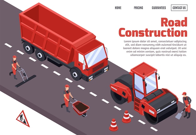 Pagina di destinazione isometrica di costruzione stradale