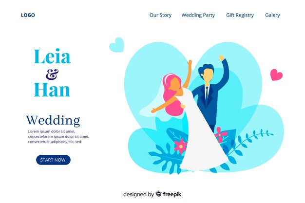Pagina di destinazione matrimonio carino con modello di illustrazioni