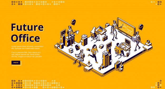 Pagina di destinazione vettoriale del futuro ufficio con robot