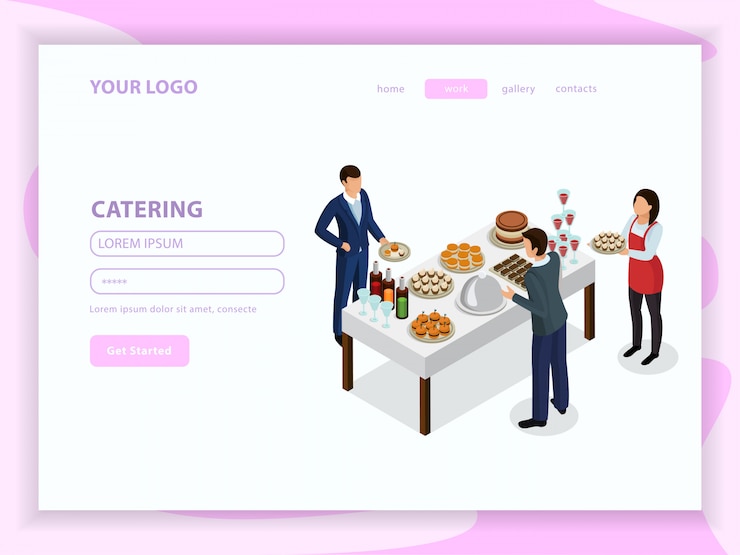 Vettore gratuito pagina web isometrica di catering con cameriere e visitatori vicino al tavolo con bevande e cibo