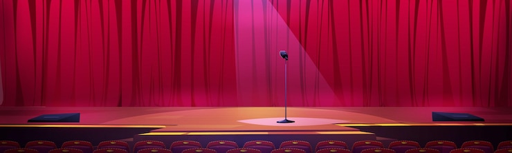 Vettore gratuito palco con tende rosse e podio microfonico