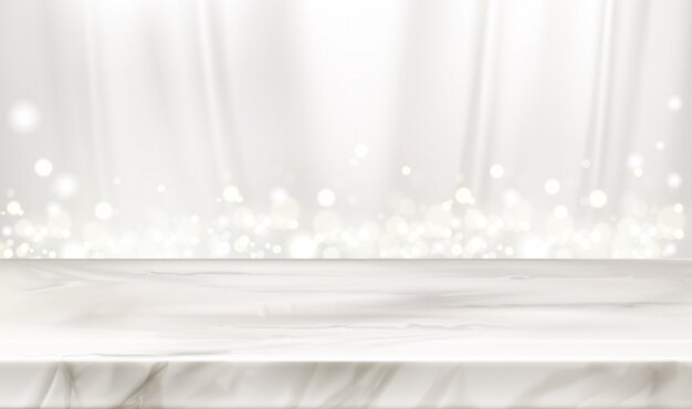 Palcoscenico o tavolo in marmo con tende di seta bianca e scintillii luminosi.