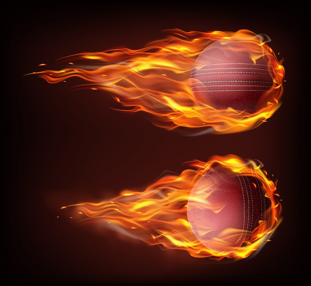 Palla da cricket volante realistica nel fuoco