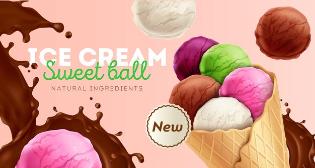 Palline colorate dolci gelato con annuncio di ingredienti naturali