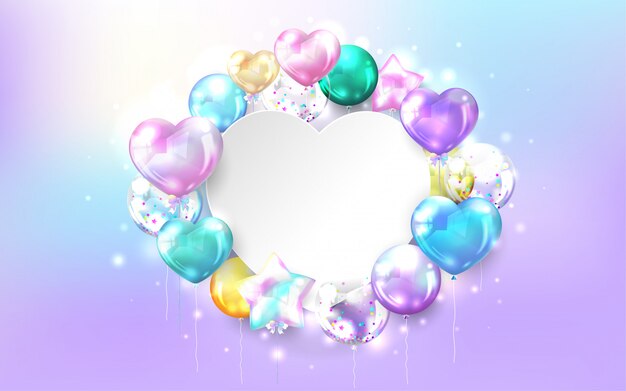 Palloncini lucidi colorati con copia spazio a forma di cuore su sfondo pastello per compleanno e carta di celebrazione.