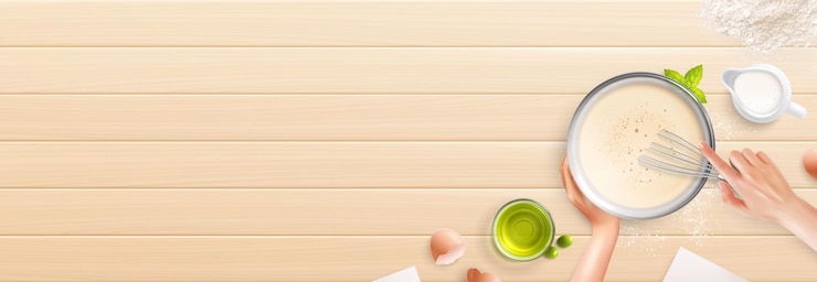 Vettore gratuito pancake in pasta a mani battute composizione realistica con sfondo in legno e vista dall'alto di mani umane che cucinano illustrazione vettoriale
