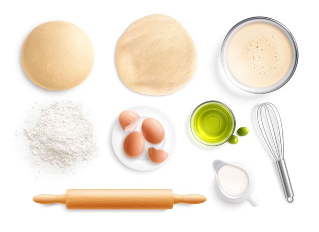 Panetteria con immagini realistiche vista dall'alto di ingredienti essenziali e utensili da cucina per l'illustrazione vettoriale della sessione di cucina