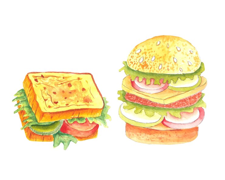 Vettore gratuito panino e hamburger di colore dell'acqua del disegno a mano