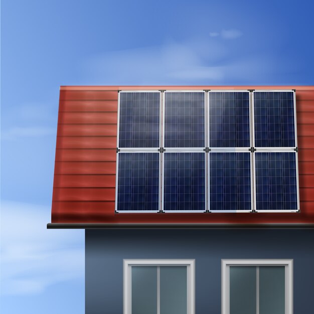 Pannelli solari portatili di vettore isolati sulla casa del tetto piastrellato con cielo nuvoloso