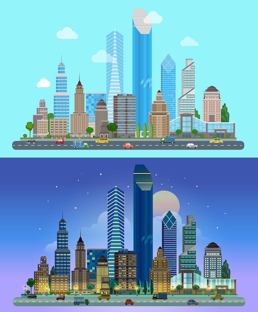 Panorama della città Grattacieli Il cielo sullo sfondo Giorno Notte