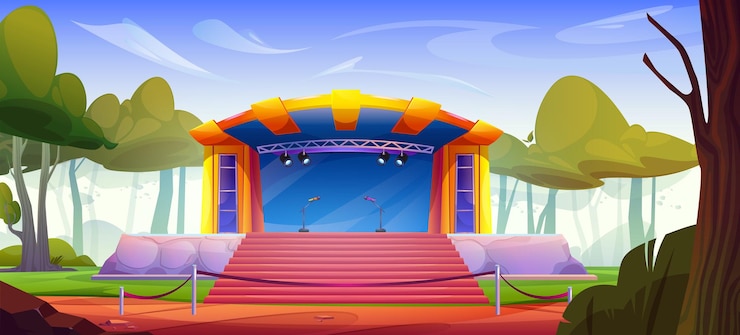 Vettore gratuito parco all'aperto festival musica concerto palcoscenico vettore sfondo festa comica dal vivo all'aperto in estate spettacolo di intrattenimento comico con microfono e proiettore design nell'illustrazione della scena della foresta