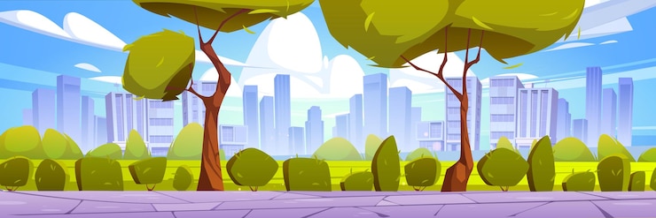 Vettore gratuito parco cittadino con prato verde, cespugli, alberi, passerella in pietra ed edifici cittadini sullo skyline. illustrazione del fumetto di vettore del paesaggio estivo con strada, campo e case all'orizzonte