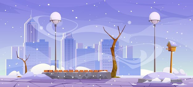 Parco cittadino invernale, paesaggio urbano vuoto del giardino pubblico con panca in legno, alberi spogli, bufera di neve e cumuli di neve intorno, lanterne e skyline di edifici cittadini con neve, vento e cielo opaco, fumetto vettoriale