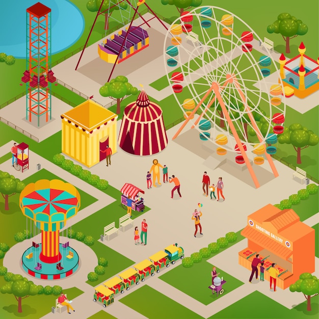 Parco di divertimenti con il circo e l'illustrazione isometrica degli adulti e dei bambini dell'alimento della via delle varie attrazioni