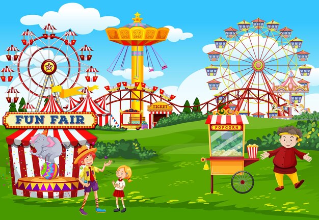 Parco divertimenti con scena a tema circo e carrello per popcorn