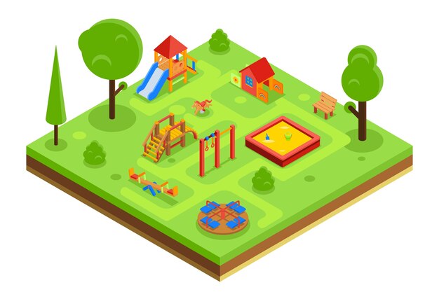 Parco giochi per bambini in stile piatto isometrico. Asilo nido con panchina carosello sabbiosa. Illustrazione vettoriale