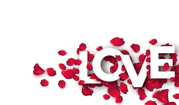 Parola tagliata su carta Amore su uno sfondo di petali di rosa. Sfondo di San Valentino. Illustrazione vettoriale EPS10