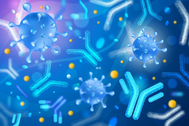 Particelle di virus che interagiscono con lo sfondo delle molecole di anticorpi