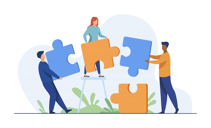 Vettore gratuito partner in possesso di grandi pezzi di un puzzle