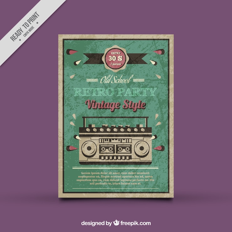 Vettore gratuito party poster d'epoca con radio decorativo