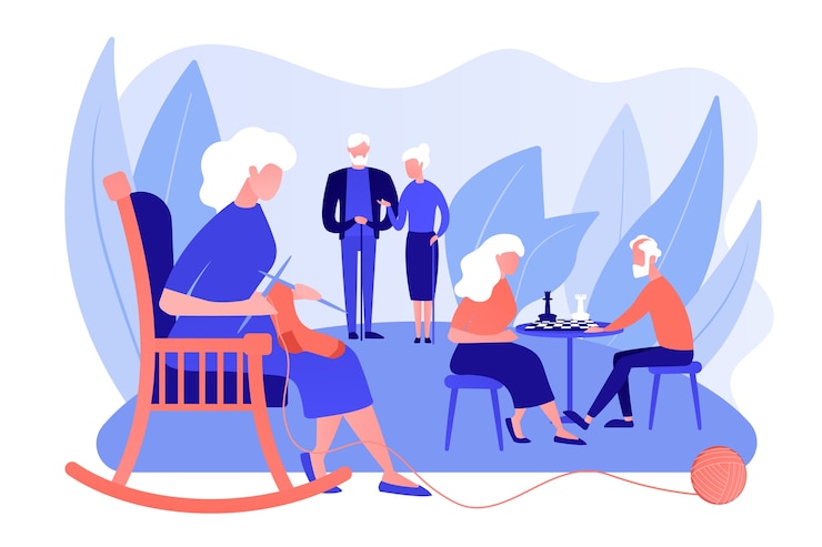 Vettore gratuito passatempo dei pensionati a casa per anziani. coppia di età compresa tra giocare a scacchi. attività per anziani, stile di vita attivo per anziani, concetto di spesa del tempo per anziani. pinkish coral bluevector illustrazione isolata