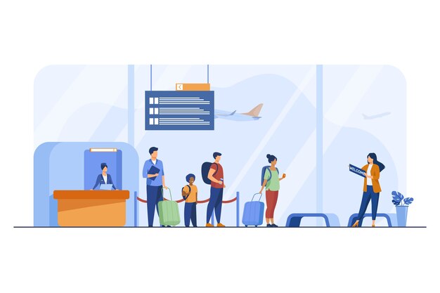 Passeggeri con bagagli nell'illustrazione piana dell'aeroporto.