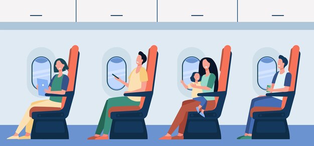 Passeggeri di aeroplani felici seduti sui loro sedili, usando gadget, tenendo in braccio il bambino, bevendo dal bastone