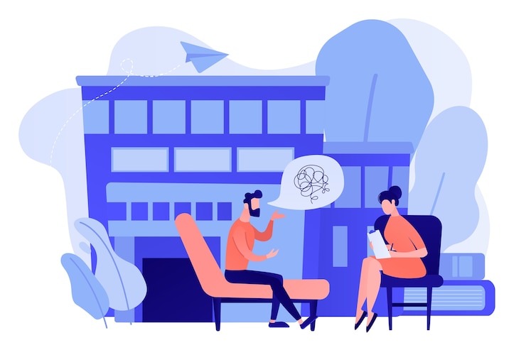 Vettore gratuito paziente di sesso maschile in pullman alla consultazione di psicologia parlando con lo psicologo. servizio di psicologo, consulenza privata, concetto di psicologia familiare. rosa corallo bluevector illustrazione vettoriale isolato
