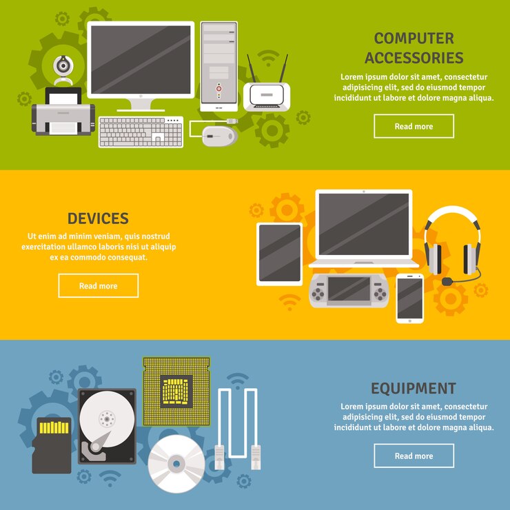 Vettore gratuito pc e computer con set di banner piatto di dispositivi e accessori isolato