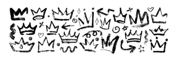 Vettore gratuito pennello nero, grunge, grafitti, consistenza, corone del re, scarabocchi a mano, tiara o diadema di principessa