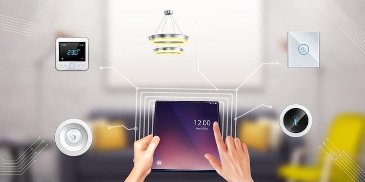 Vettore gratuito persona che controlla casa intelligente con tablet